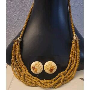 Vintage Boho Moroto Bead Necklace w/ Cute Owl Earrings Mustard Yellow